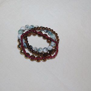 4 Beaded Bracelets White/Sage, Smoky Charcoal, Garnet & Gold Tone  -All Stretchy
